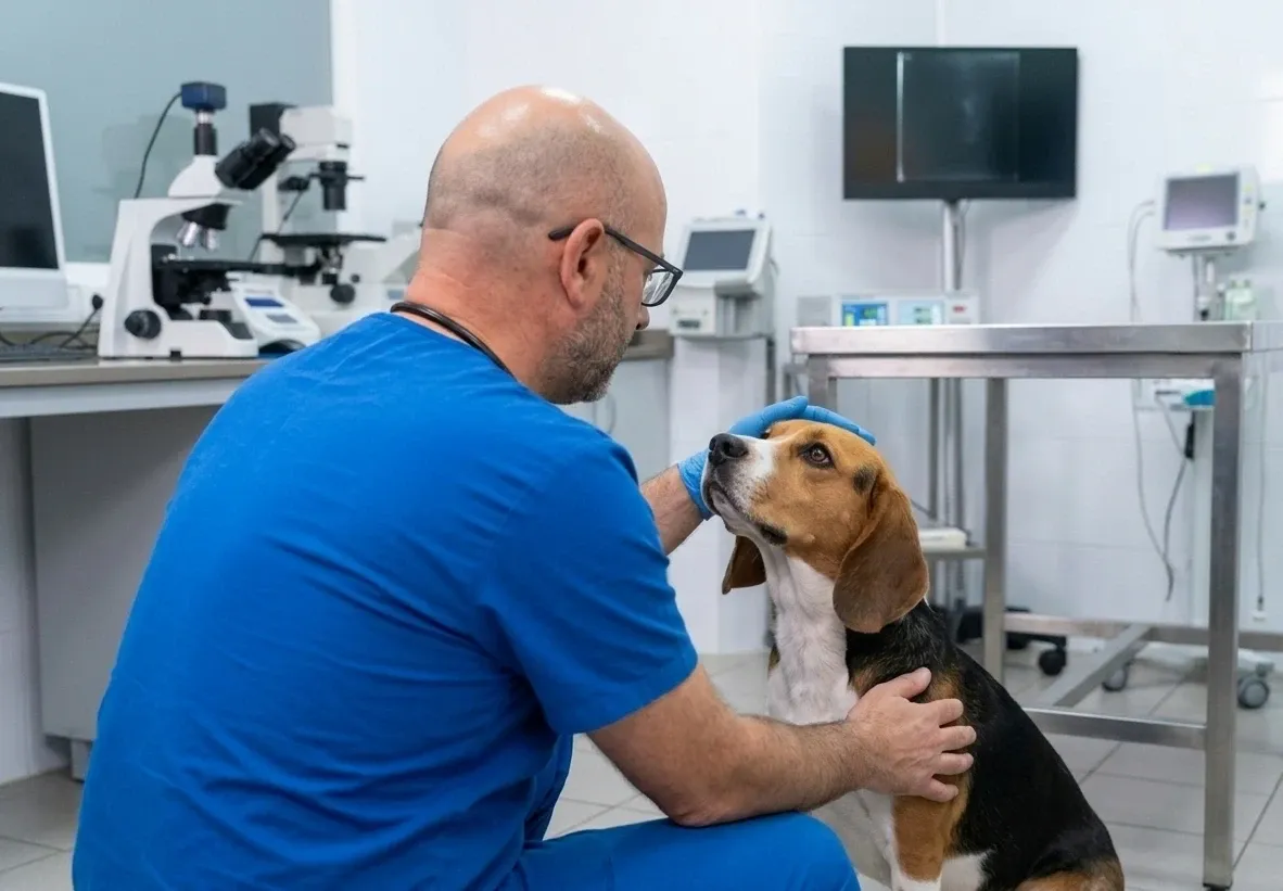 Perro beagle en consulta de oncología veterinaria en OncomahuidaVet